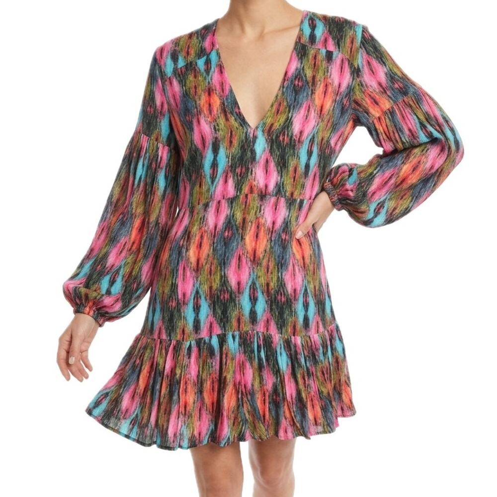 Rotate Birger Christensen Harlequin Pink Blue Bishop Sleeve Mini Dress Size 8